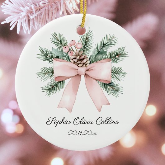 Modern Pink Watercolor Bow Script Baby Girl Name セラミックオーナメント