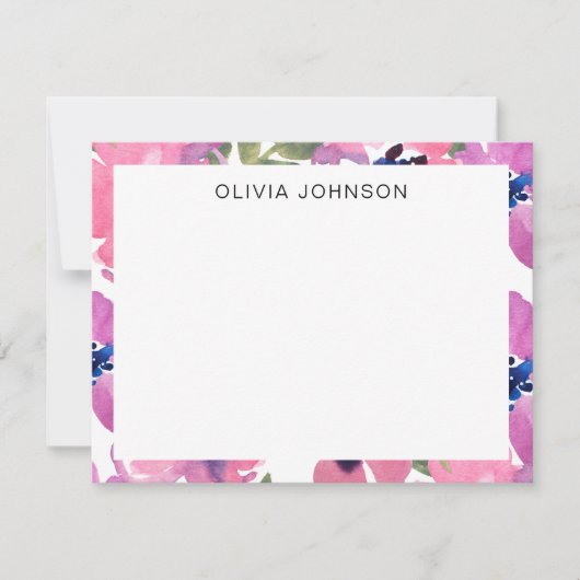 Modern Pink Watercolor Floral Flat Note Card ノートカード (正面)