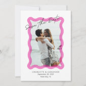 Modern Pink wavy frame, photo save the date card サンキューカード (正面)