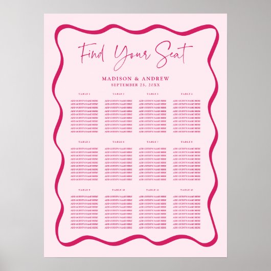 Modern Pink Wavy Frame Wedding Seating Chart ポスター (正面)