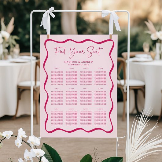 Modern Pink Wavy Frame Wedding Seating Chart ポスター