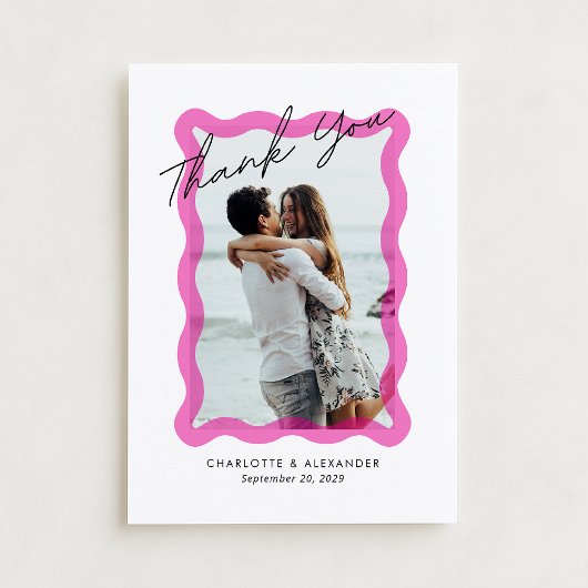 Modern Pink wavy transparent frame, photo wedding  サンキューカード