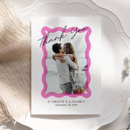 Modern Pink wavy transparent frame, photo wedding  サンキューカード