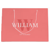 Modern Pink &white Minimalist Monogrammed Gift Bag ラージペーパーバッグ (正面)