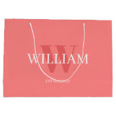 Modern Pink &white Minimalist Monogrammed Gift Bag ラージペーパーバッグ (裏面)