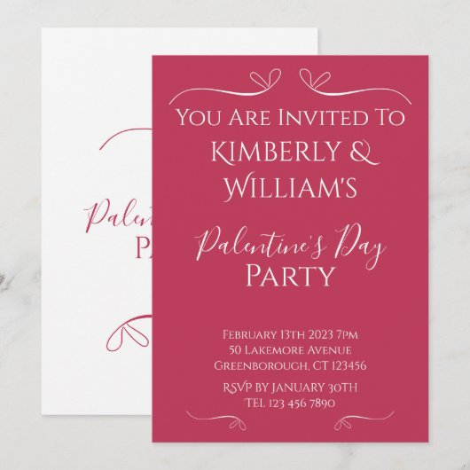 Modern Pink White Palentine's Day Party Invitation 招待状 (正面/裏面)