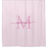 Modern Pink & White Stripes Monogram Name シャワーカーテン (正面)