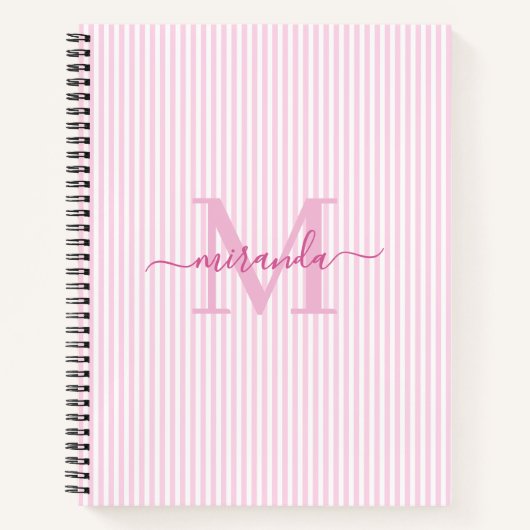 Modern Pink & White Stripes Monogram Name ノートブック (正面)