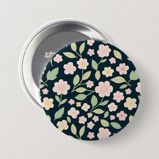 Modern Pink Wildflowers Pattern 缶バッジ (正面&裏面)