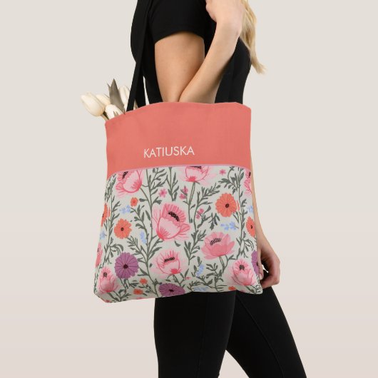 Modern Pink Wildflowers with Name トートバッグ (クローズアップ)