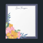 Modern Pink & Yellow Floral Arrangement ノートパッド<br><div class="desc">Beautiful floral notepad with a striking floral arrangement hand-drawn on a tablet in pink and yellow with greenery in green and blue. The cluster of flowers sits in the bottom corner of the personalized notepad, leaving plenty of room to write down notes, reminders, to do lists and more. Personalize with...</div>