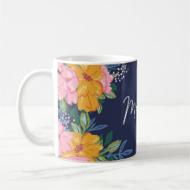 Modern Pink & Yellow Floral Arrangement Monogram コーヒーマグカップ