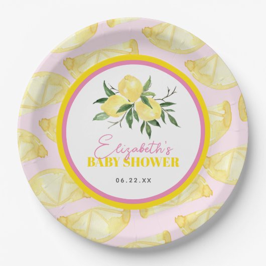 Modern Pink Yellow Lemon Print Paper Plates ペーパープレート (正面)