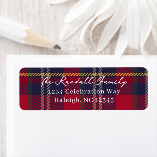 Modern Plaid Christmas Holiday Card Return Address ラベル (インサイチュ)