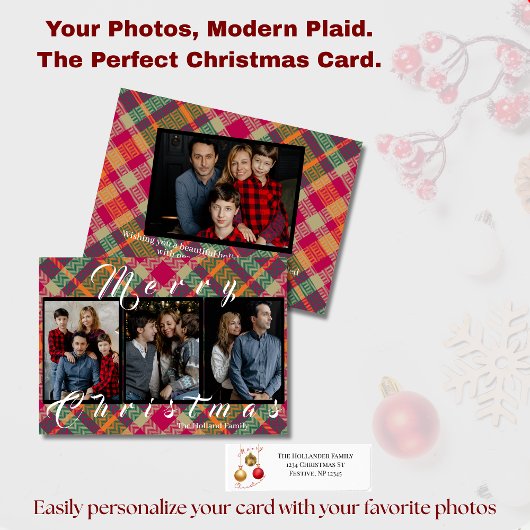 Modern Plaid Tartan 4 Photo Christmas Holiday Card シーズンカード
