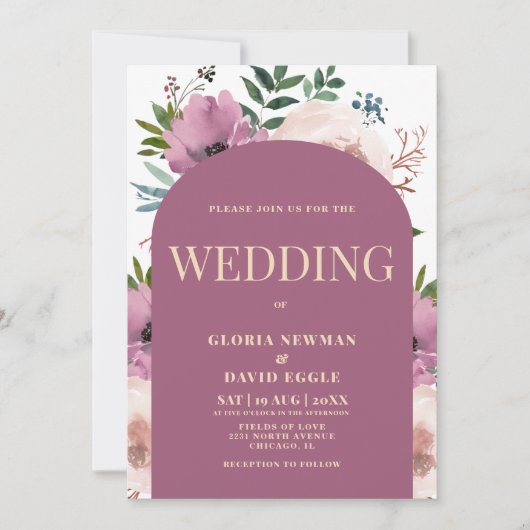 Modern Plum Arch Floral Wedding Invitation 招待状 (正面)