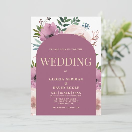 Modern Plum Arch Floral Wedding Invitation 招待状 (スタンド正面)