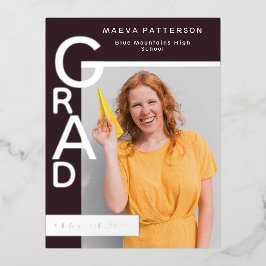 Modern Plum Graduation Party Invitation Silver 箔招待状ポストカード