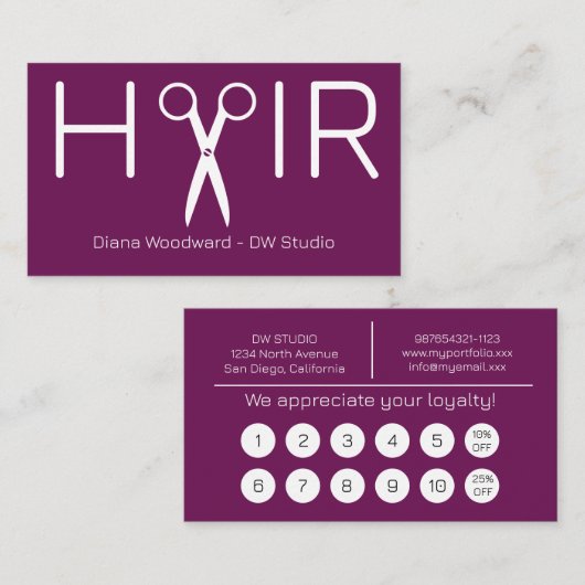 Modern Plum Hairdresser Flat Loyalty Card ロイヤリティカード (正面/裏面)