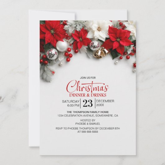 Modern Poinsettia Christmas Dinner and Drinks 招待状 (正面)
