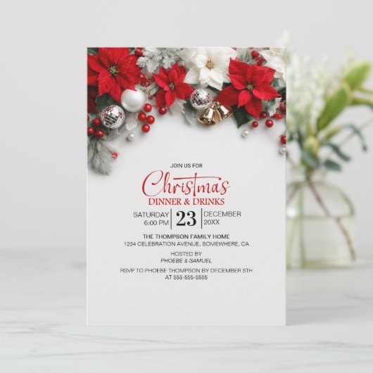 Modern Poinsettia Christmas Dinner and Drinks 招待状 (スタンド正面)