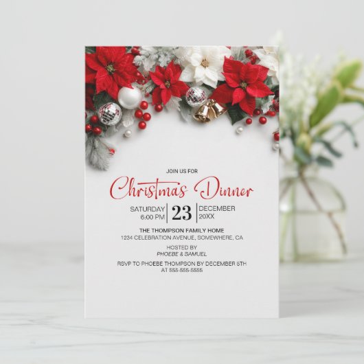 Modern Poinsettia Christmas Dinner Party 招待状 (スタンド正面)