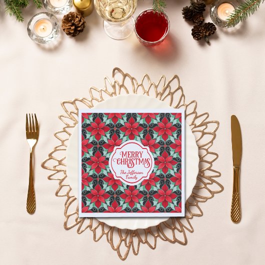 Modern Poinsettia pattern christmas black bg スタンダードランチョンナプキン