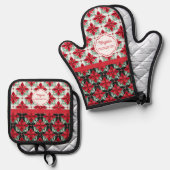 Modern Poinsettia pattern christmas chef 鍋つかみ&鍋敷きセット (正面/裏面)