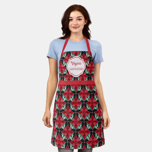 Modern Poinsettia pattern christmas chef black bg エプロン (着用した状態)