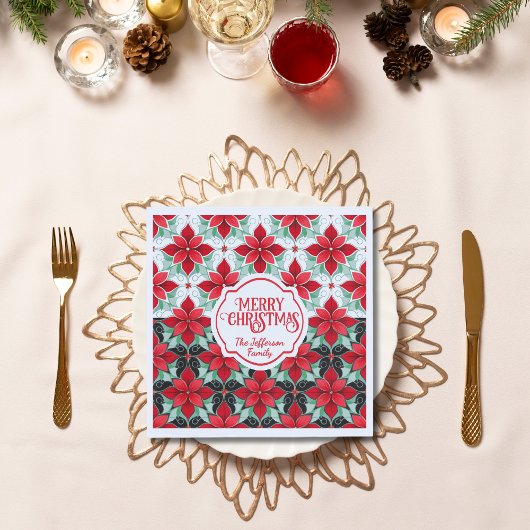 Modern Poinsettia pattern christmas white black bg スタンダードランチョンナプキン