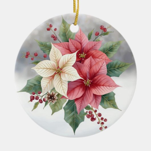 Modern Poinsettia Pink and White Christmas セラミックオーナメント (正面)