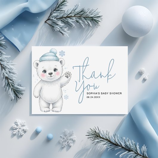 Modern Polar Bear Winter Baby Boy Shower サンキューカード