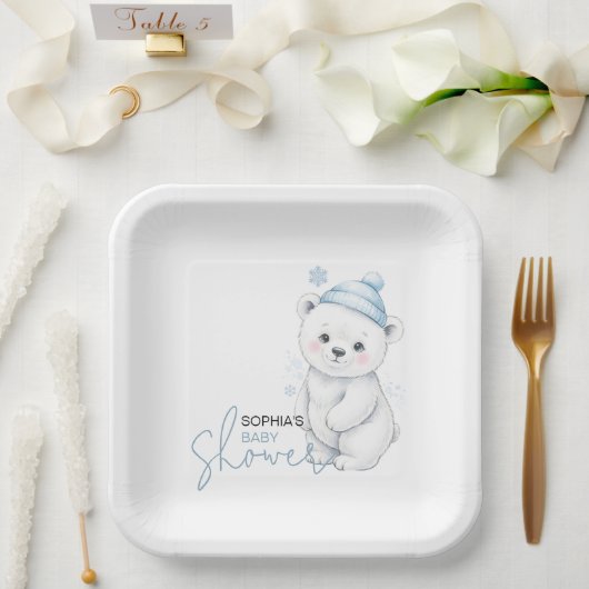 Modern Polar Bear Winter Baby Shower ペーパープレート (ウェディング)