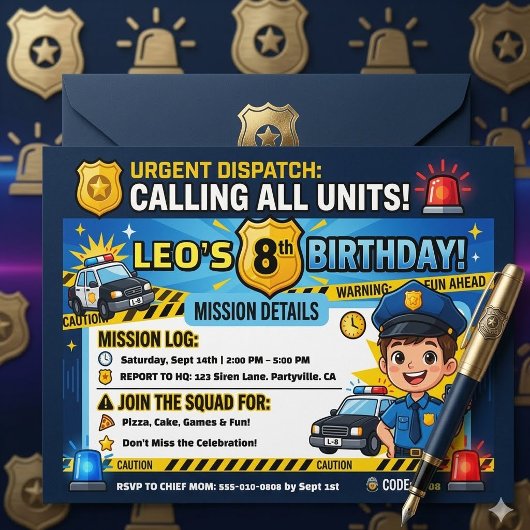 Modern Police Officer Calling All Units 誕生日 招待状