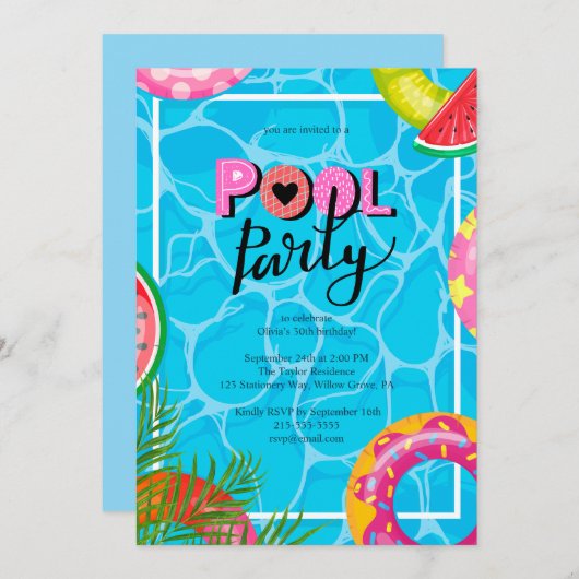 Modern Pool Party Birthday Invitation 招待状 (正面/裏面)