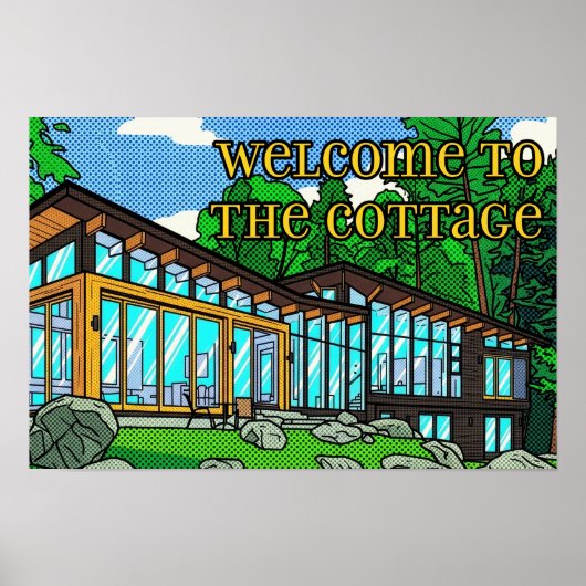 Modern Pop Art Forest Cabin Mid-Century Comic ポスター (正面)