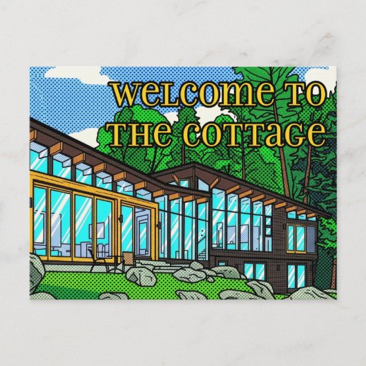 Modern Pop Art Forest Cabin Mid-Century Comic ポストカード (正面)