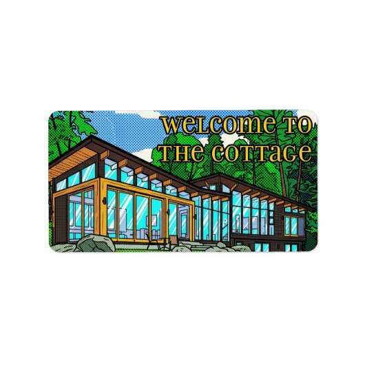 Modern Pop Art Forest Cabin Mid-Century Comic ラベル (正面)