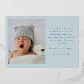 Modern Powder Blue Silver Foil Birth Announcement 箔シーズンカード (裏面)