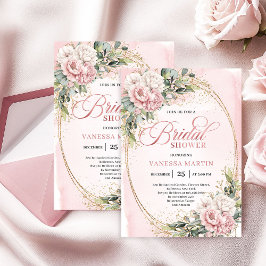 Modern Powder Pink Flowers Gold Bridal Shower 招待状