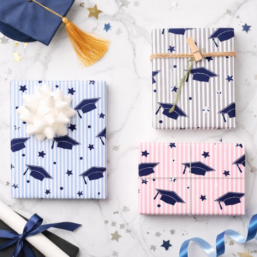 Modern Preppy Navy Blue Graduation Cap Pattern ラッピングペーパーシート