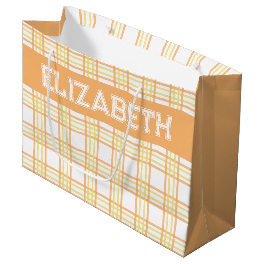 Modern Preppy Plaid Orange Yellow Pattern ラージペーパーバッグ (正面アングル)