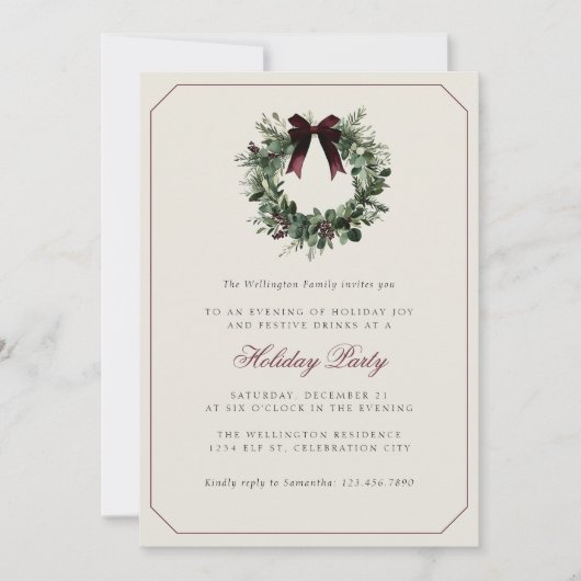 Modern Preppy Plaid Wreath Christmas Party 招待状 (正面)