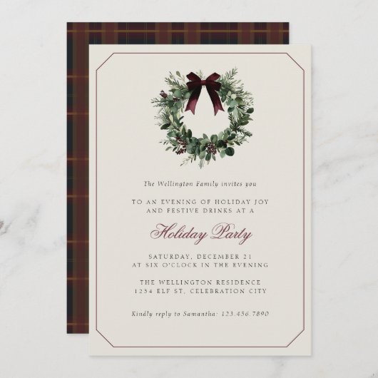 Modern Preppy Plaid Wreath Christmas Party 招待状 (正面/裏面)