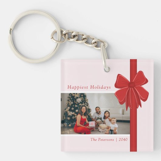 Modern Preppy Red Ribbon Bow Wrap Photo Christmas キーホルダー (正面)
