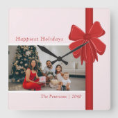 Modern Preppy Red Ribbon Bow Wrap Photo Christmas スクエア壁時計 (正面)
