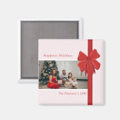 Modern Preppy Red Ribbon Bow Wrap Photo Christmas マグネット (正面/裏面)