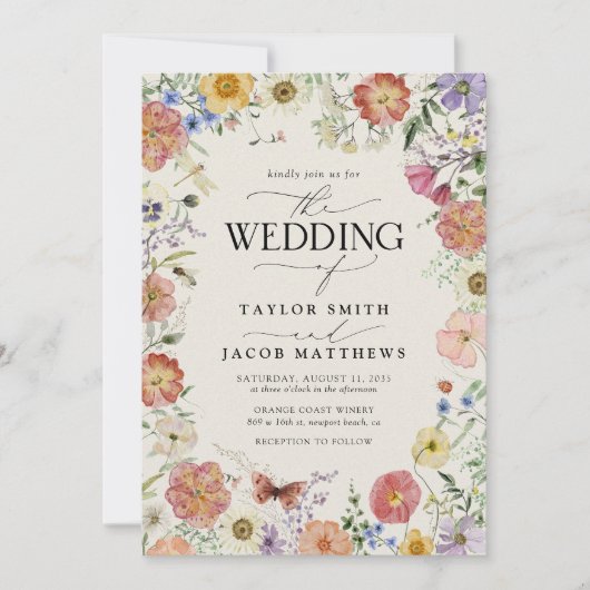 Modern Pressed Wildflower Boho Chic Wedding 招待状 (正面)