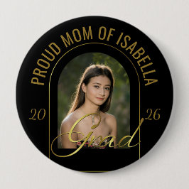 Modern Proud Mom of Grad Black Gold Custom Photo 缶バッジ