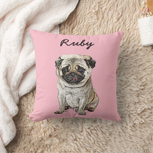 Modern Pug Dog Illustration | Add Name  クッション (ブランケット)